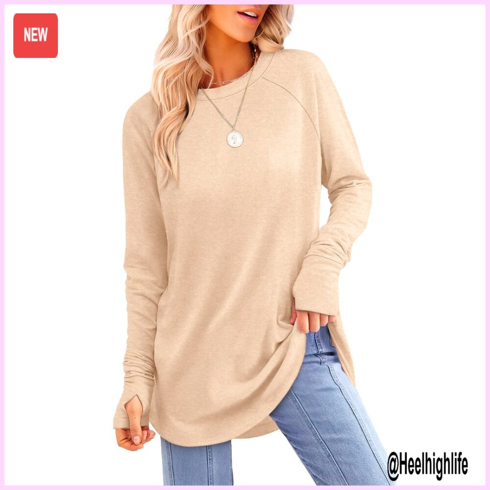 Long Sleeve Tunic Top With Thumb Holes, Curved Hem, Loose Fit